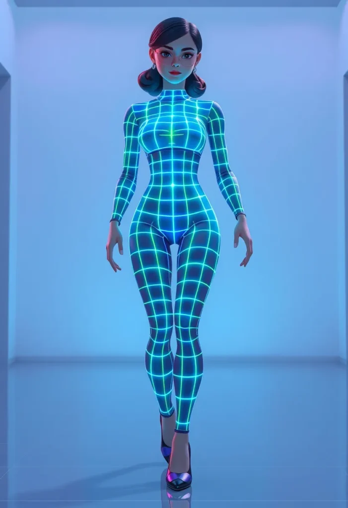 Neon Grid Bodysuit with Floating Elements