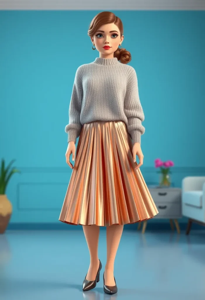 Pleated Metallic Skirt and Slouchy Sweater