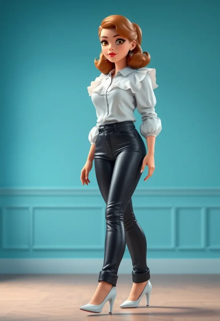 Ruffled Blouse and Coated Jeans