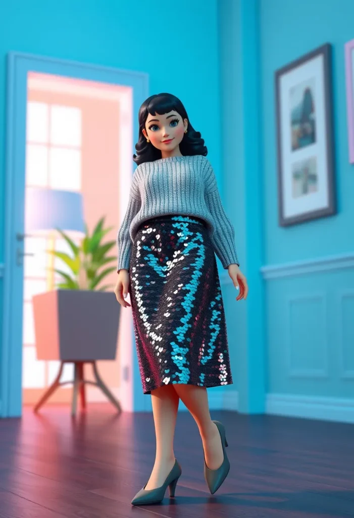 Sequin Midi Skirt and Oversized Knit