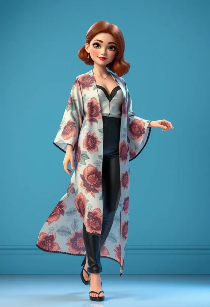 Printed Maxi Kimono and Leather Pants